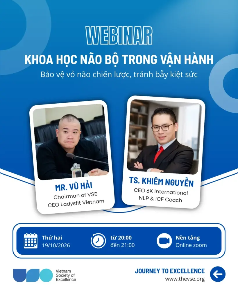 Poster webinar Khoa học não bộ trong vận hành, 20:00 thứ Hai 19/10/2026 trên Zoom, Speaker TS. Khiêm Nguyễn, Host Vũ Hải