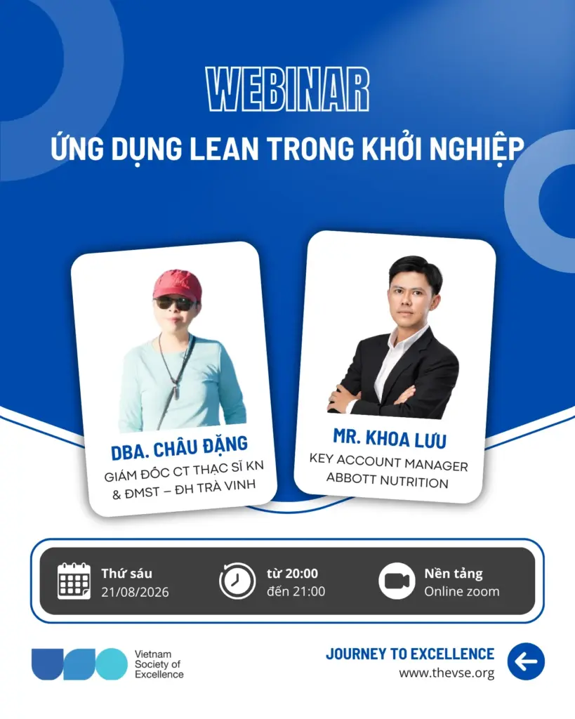 Poster webinar Ứng dụng Lean trong khởi nghiệp, 20:00 thứ Sáu 21/08/2026 trên Zoom, Speaker DBA. Châu Đặng, Host Mr. Khoa Lưu