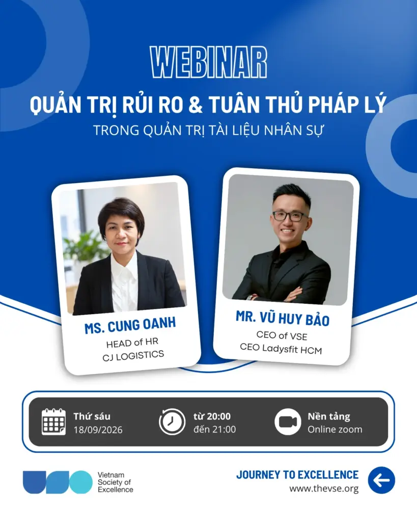 Poster webinar Quản trị rủi ro và tuân thủ pháp lý trong quản trị tài liệu nhân sự, 20:00 thứ Sáu 18/09/2026 trên Zoom, Speaker Ms. Cung Oanh, Host Mr. Vũ Huy Bảo